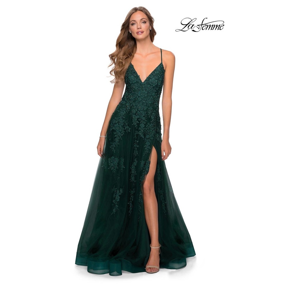 NWT La Femme Emerald Lace Tulle A-line Gown 28985 Size 2